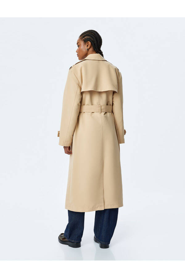 Gabardine Fabric Long Sleeve Pocket Wrap Belt Long Trench Coat - 4