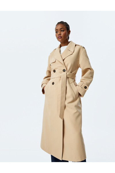 Gabardine Fabric Long Sleeve Pocket Wrap Belt Long Trench Coat - 5