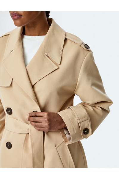 Gabardine Fabric Long Sleeve Pocket Wrap Belt Long Trench Coat - 7