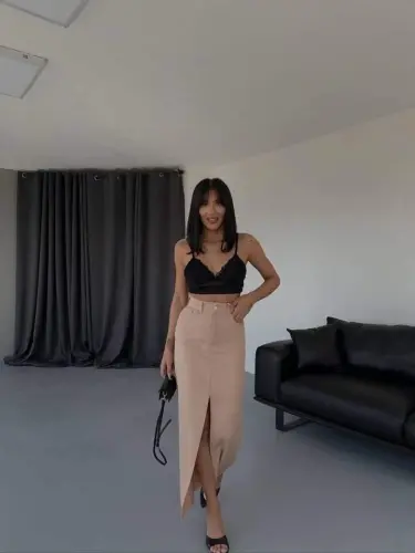 GABARDINE LONG SLIT-FRONT SKIRT - Brown - BÜYÜKBEDENIZ (1)