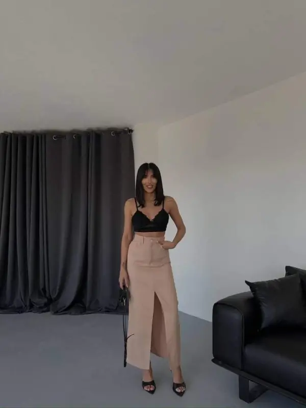 GABARDINE LONG SLIT-FRONT SKIRT - Brown - 3