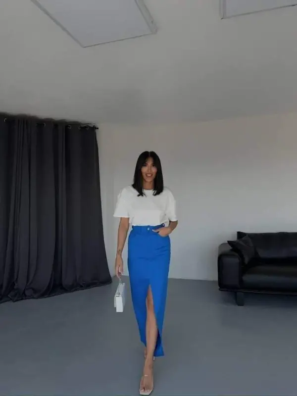 GABARDINE LONG SLIT FRONT SKIRT - Sax - 1