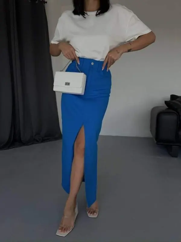 GABARDINE LONG SLIT FRONT SKIRT - Sax - 3