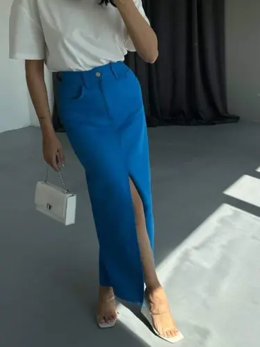 GABARDINE LONG SLIT FRONT SKIRT - Sax - 4