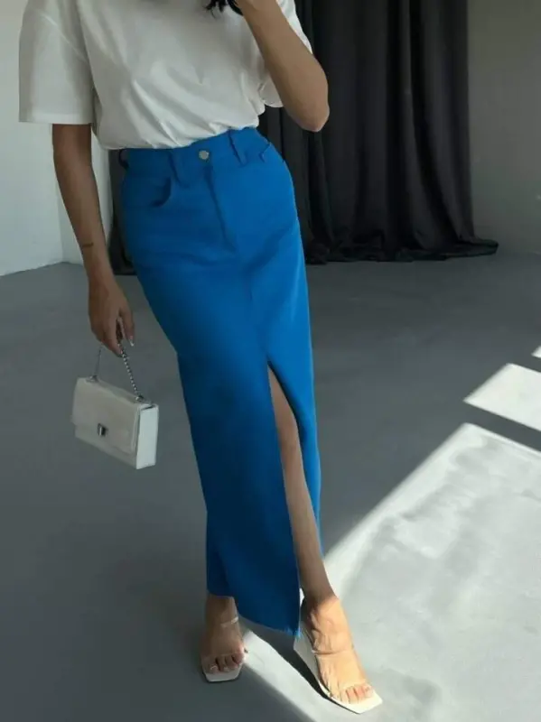 GABARDINE LONG SLIT FRONT SKIRT - Sax - 4