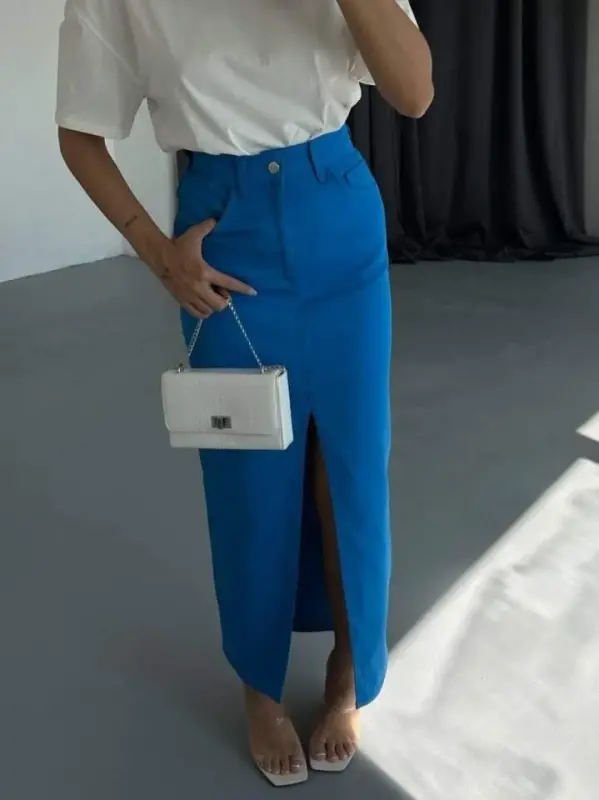 GABARDINE LONG SLIT FRONT SKIRT - Sax - 2