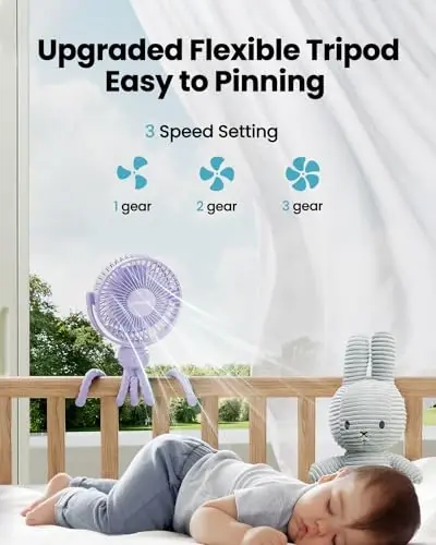 Gaiatop Mini Electric Fan with 360 Rotation, 5.5mm Gaps, Rechargeable Battery, 3 Speeds, Purple - 3