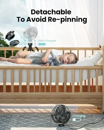 Gaiatop Mini Portable Stroller Fan, Battery Operated Small Clip on, Detachable 3 Speed Rechargeable, 360° Rotate Flexible Tripod Better Cooling for Car Seat Crib Treadmill Travel Black - 4