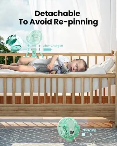 Gaiatop Mini Portable Stroller Fan, Battery Operated Small Clip on, Detachable 3 Speed Rechargeable, 360° Rotate Flexible Tripod Better Cooling for Car Seat Crib Treadmill Travel Green - 4