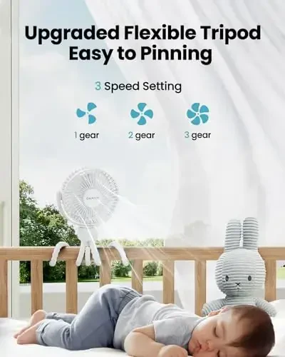 Gaiatop Mini Portable Stroller Fan, Battery Operated Small Clip on, Detachable 3 Speed Rechargeable, 360° Rotate Flexible Tripod Better Cooling for Car Seat Crib Treadmill Travel White - 3
