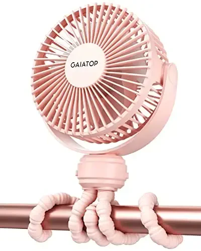 Gaiatop Mini Portable Stroller Fan, Battery Operated Small Clip on Fan, Detachable 3 Speed Rechargeable 360° Rotate Flexible Tripod Handheld Desk Cooling Fan for Car Seat Crib Treadmill Travel Pink 