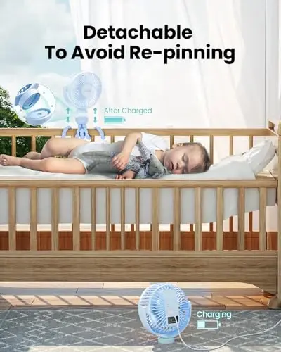 Gaiatop Mini Portable Stroller Fan, Battery Operated Small Clip on, Detachable 3 Speed Rechargeable, 360° Rotate Flexible Tripod Better Cooling for Car Seat Crib Treadmill Travel Blue - 4