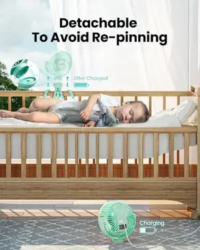 Gaiatop Mini Portable Stroller Fan, Battery Operated Small Clip on, Detachable 3 Speed Rechargeable, 360° Rotate Flexible Tripod Better Cooling for Car Seat Crib Treadmill Travel Green - 4