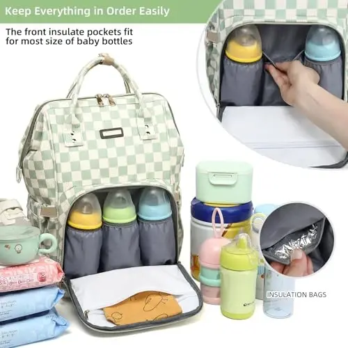 GAIVP Baby Diaper Bag Backpack for Mom, Large Capacity Travel Nappy Bag for Boys & Girls with Stroller Straps,Insulated Pockets (Corduroy Checkered Green) - 2