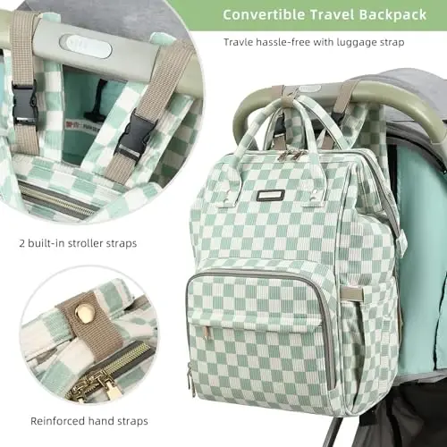 GAIVP Baby Diaper Bag Backpack for Mom, Large Capacity Travel Nappy Bag for Boys & Girls with Stroller Straps,Insulated Pockets (Corduroy Checkered Green) - 3