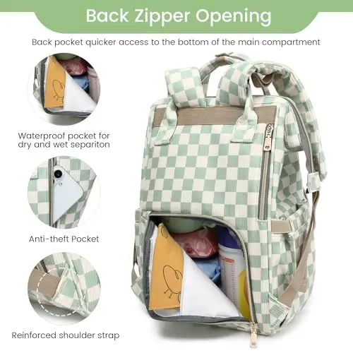 GAIVP Baby Diaper Bag Backpack for Mom, Large Capacity Travel Nappy Bag for Boys & Girls with Stroller Straps,Insulated Pockets (Corduroy Checkered Green) - 5