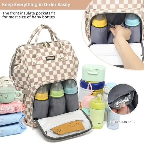 GAIVP Baby Diaper Bag Backpack for Mom, Large Capacity Travel Nappy Bag for Boys & Girls with Stroller Straps,Insulated Pockets (Corduroy Checkered Brown) - 2