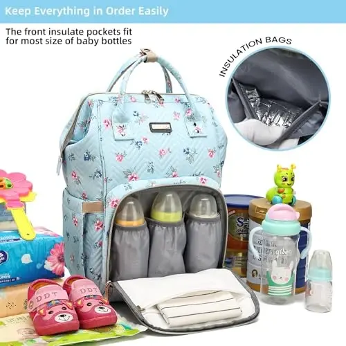GAIVP Diaper Bag Backpack for Women, Baby Bags for Girls, Diaper Bag with Changing Pad, and Insulated Pockets-Blue Flowers - 2