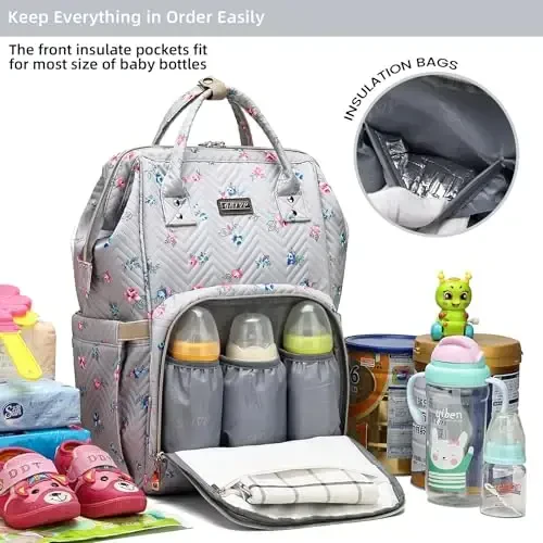GAIVP Diaper Bag Backpack for Women, Baby Bags for Girls, Diaper Bag with Changing Pad, and Insulated Pockets-Grey Flowers - 2