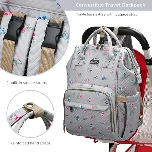 GAIVP Diaper Bag Backpack for Women, Baby Bags for Girls, Diaper Bag with Changing Pad, and Insulated Pockets-Grey Flowers - 3