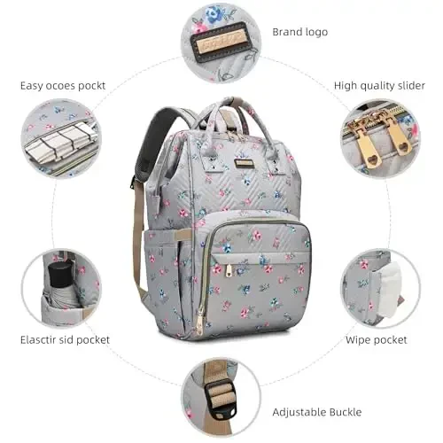 GAIVP Diaper Bag Backpack for Women, Baby Bags for Girls, Diaper Bag with Changing Pad, and Insulated Pockets-Grey Flowers - 4