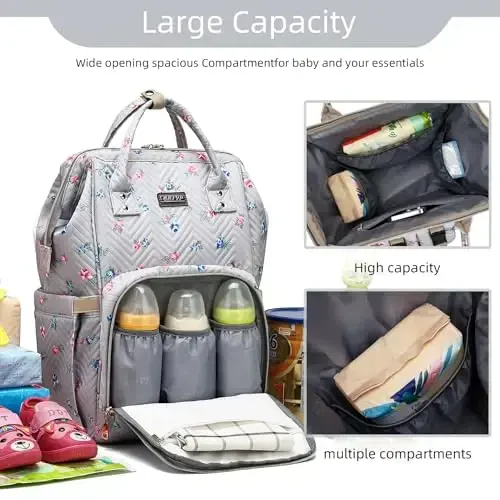 GAIVP Diaper Bag Backpack for Women, Baby Bags for Girls, Diaper Bag with Changing Pad, and Insulated Pockets-Grey Flowers - 6