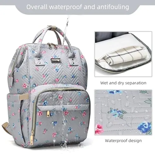 GAIVP Diaper Bag Backpack for Women, Baby Bags for Girls, Diaper Bag with Changing Pad, and Insulated Pockets-Grey Flowers - 5