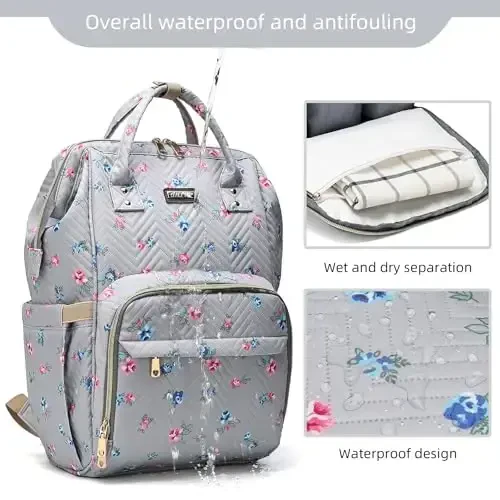 GAIVP Diaper Bag Backpack for Women, Baby Bags for Girls,Diaper Bag with Changing Pad, and Insulated Pockets-Grey Flowers - 5