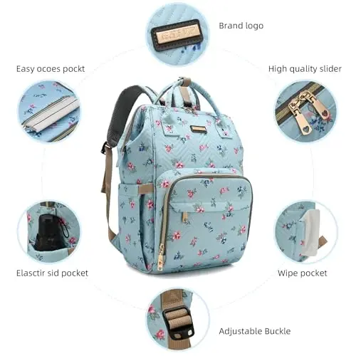 GAIVP Diaper Bag Backpack for Women, Baby Bags for Girls, Diaper Bag with Changing Pad, and Insulated Pockets-Blue Flowers - 4