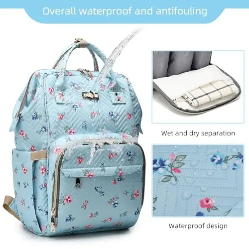 GAIVP Diaper Bag Backpack for Women, Baby Bags for Girls, Diaper Bag with Changing Pad, and Insulated Pockets-Blue Flowers - 5