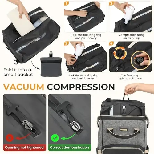 GAIVP Vacuum Compression Diaper Bag, Expandable Waterproof Baby Travel Backpack with Insulated Pockets, Wet-Dry Separation, and Detachable Airtight Bag (Vacuum Pump Included) - 2