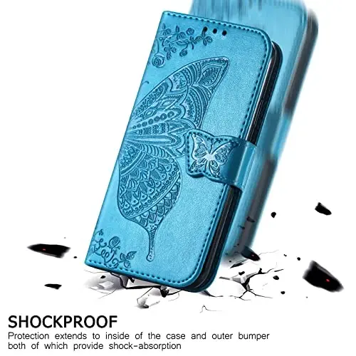 KRHGEIK for Galaxy A14 5G Phone Case Wallet,Women Flip Folio Butterfly Embossed PU Leather with Credit Card Holders Kickstand Wrist Strap Purse Cover for Samsung A14 5G 6.6 Inch (Blue) - 1