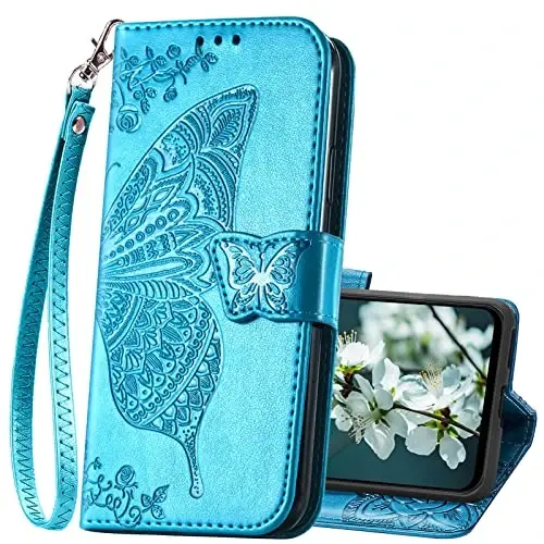 KRHGEIK for Galaxy A14 5G Phone Case Wallet,Women Flip Folio Butterfly Embossed PU Leather with Credit Card Holders Kickstand Wrist Strap Purse Cover for Samsung A14 5G 6.6 Inch (Blue) - 4