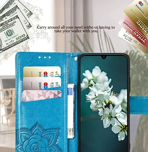 KRHGEIK for Galaxy A14 5G Phone Case Wallet,Women Flip Folio Butterfly Embossed PU Leather with Credit Card Holders Kickstand Wrist Strap Purse Cover for Samsung A14 5G 6.6 Inch (Blue) - 6