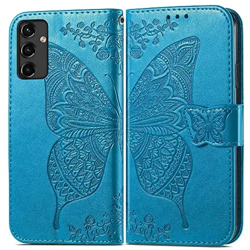 KRHGEIK for Galaxy A14 5G Phone Case Wallet,Women Flip Folio Butterfly Embossed PU Leather with Credit Card Holders Kickstand Wrist Strap Purse Cover for Samsung A14 5G 6.6 Inch (Blue) - 7
