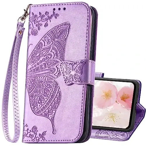 Galaxy A14 5G Phone Case Wallet, Women Flip Folio Cover with Credit Card Holders Butterfly Embossed PU Leather Kickstand Wrist Strap Purse Case for Samsung A14 5G 6.6 inch (Lavender) 