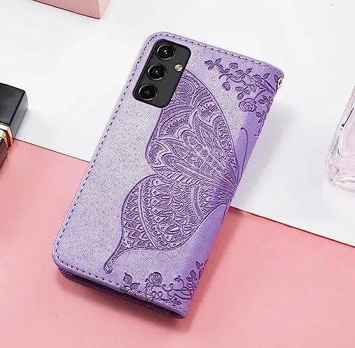 Galaxy A14 5G Phone Case Wallet, Women Flip Folio Cover with Credit Card Holders Butterfly Embossed PU Leather Kickstand Wrist Strap Purse Case for Samsung A14 5G 6.6 inch (Lavender) - 6