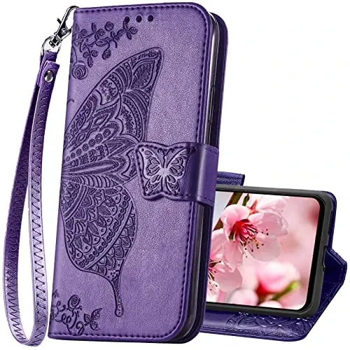 Galaxy A14 5G Phone Case Wallet, Women's Flip Folio Cover with Credit Card Holders Butterfly Embossed PU Leather Stand Wrist Strap Purse Case - 1
