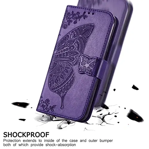 Galaxy A14 5G Phone Case Wallet, Women's Flip Folio Cover with Credit Card Holders Butterfly Embossed PU Leather Stand Wrist Strap Purse Case - 5