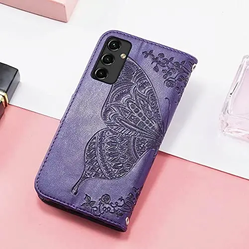 Galaxy A14 5G Phone Case Wallet, Women's Flip Folio Cover with Credit Card Holders Butterfly Embossed PU Leather Stand Wrist Strap Purse Case - 6