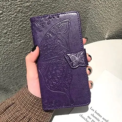 Galaxy A14 5G Phone Case Wallet, Women's Flip Folio Cover with Credit Card Holders Butterfly Embossed PU Leather Stand Wrist Strap Purse Case - 7