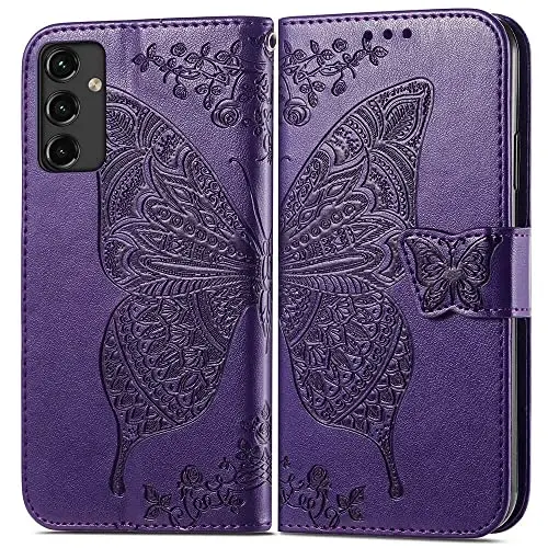 Galaxy A14 5G Phone Case Wallet, Women's Flip Folio Cover with Credit Card Holders Butterfly Embossed PU Leather Stand Wrist Strap Purse Case - 4