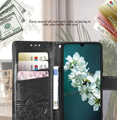 KRHGEIK for Galaxy A14 5G Phone Case Wallet,Women Flip Folio Butterfly Embossed PU Leather with Credit Card Holders Kickstand Wrist Strap Purse Cover for Samsung A14 5G 6.6 Inch (Black) - 2