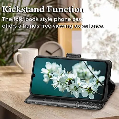 KRHGEIK for Galaxy A14 5G Phone Case Wallet,Women Flip Folio Butterfly Embossed PU Leather with Credit Card Holders Kickstand Wrist Strap Purse Cover for Samsung A14 5G 6.6 Inch (Black) - 3