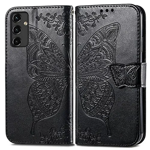 KRHGEIK for Galaxy A14 5G Phone Case Wallet,Women Flip Folio Butterfly Embossed PU Leather with Credit Card Holders Kickstand Wrist Strap Purse Cover for Samsung A14 5G 6.6 Inch (Black) - 4