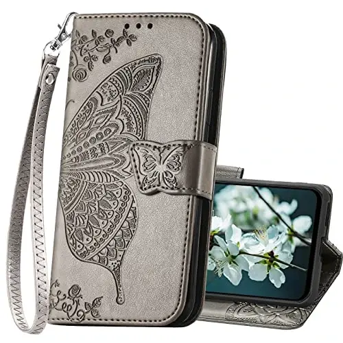 KRHGEIK for Galaxy A14 5G Phone Case Wallet,Women Flip Folio Butterfly Embossed PU Leather with Credit Card Holders Kickstand Wrist Strap Purse Cover for Samsung A14 5G 6.6 Inch (Gray) 