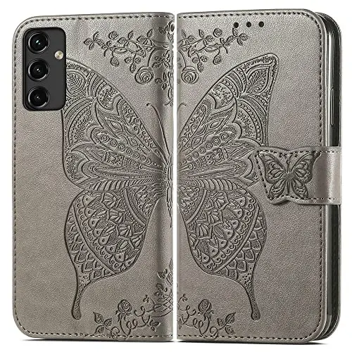 KRHGEIK for Galaxy A14 5G Phone Case Wallet,Women Flip Folio Butterfly Embossed PU Leather with Credit Card Holders Kickstand Wrist Strap Purse Cover for Samsung A14 5G 6.6 Inch (Gray) - 2