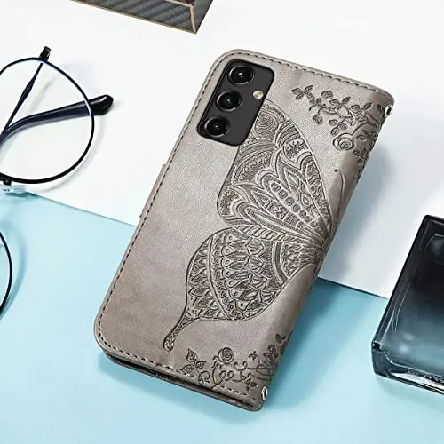 KRHGEIK for Galaxy A14 5G Phone Case Wallet,Women Flip Folio Butterfly Embossed PU Leather with Credit Card Holders Kickstand Wrist Strap Purse Cover for Samsung A14 5G 6.6 Inch (Gray) - 5