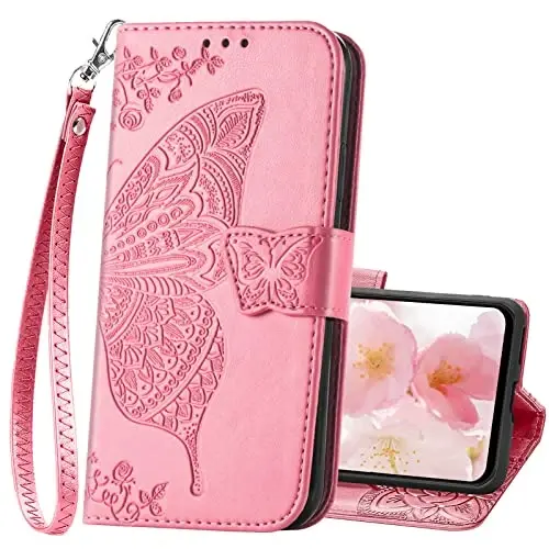 KRHGEIK for Galaxy A14 5G Phone Case Wallet,Women Flip Folio Butterfly Embossed PU Leather with Credit Card Holders Kickstand Wrist Strap Purse Cover for Samsung A14 5G 6.6 Inch (Pink) 