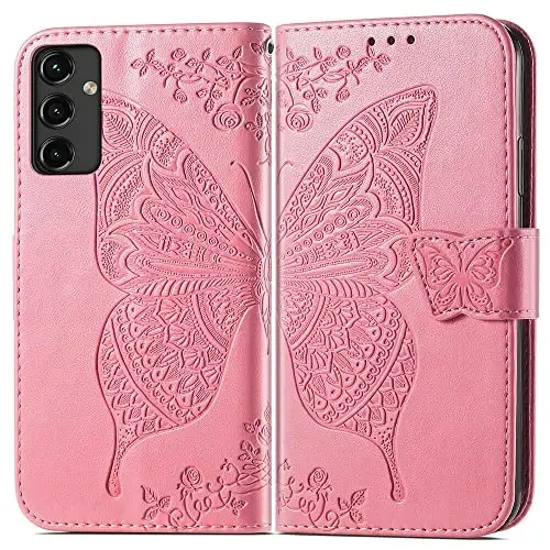 KRHGEIK for Galaxy A14 5G Phone Case Wallet,Women Flip Folio Butterfly Embossed PU Leather with Credit Card Holders Kickstand Wrist Strap Purse Cover for Samsung A14 5G 6.6 Inch (Pink) - 2